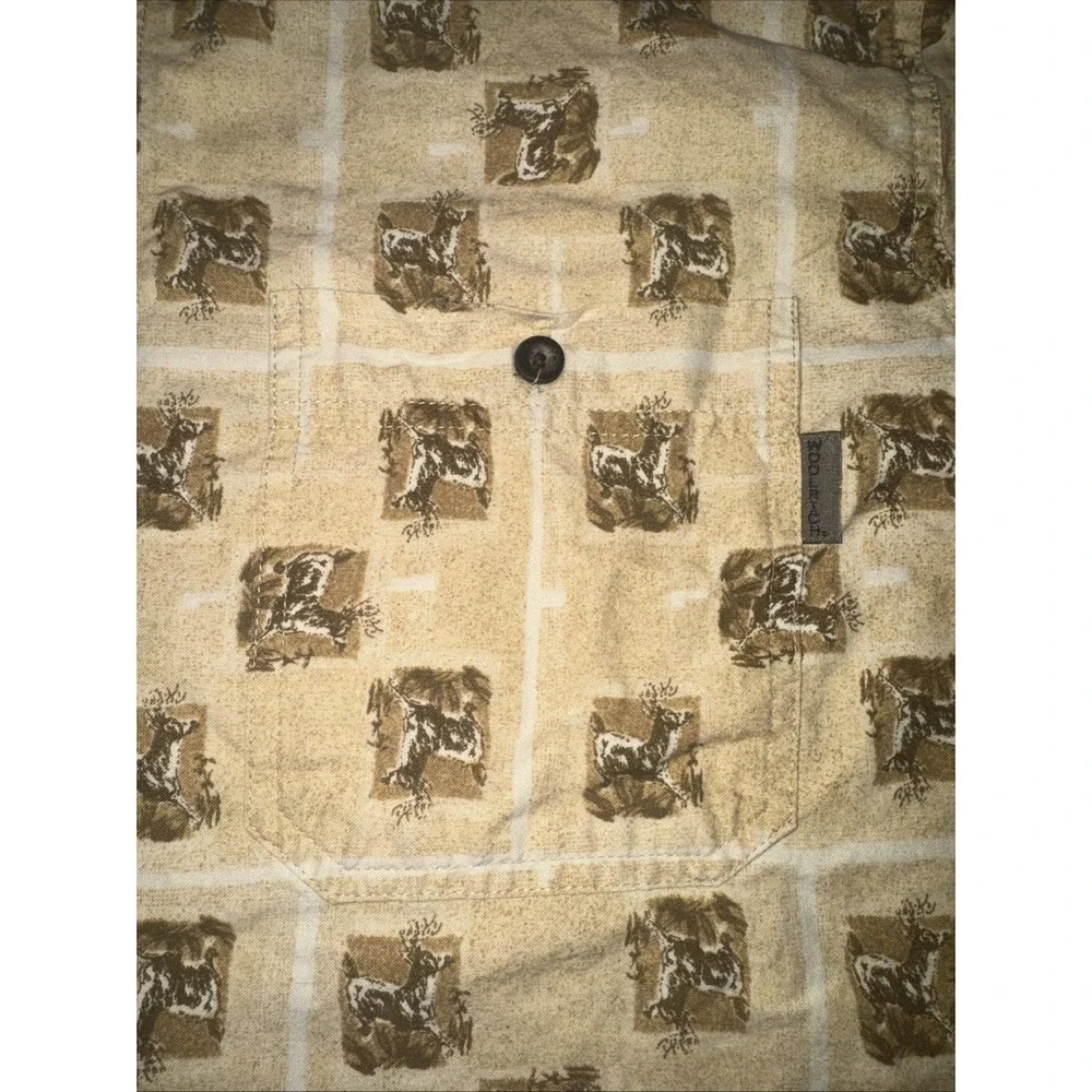 Vintage Woolrich Deer Print‎ Novelty Print Button Front Tan Shirt Large
